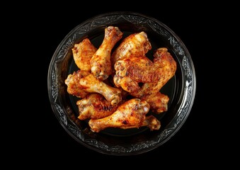 Spicy chicken wings, baked, glass dish, black background, food photography