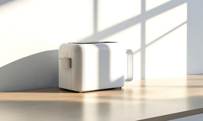 White toaster on light wood countertop in sunlight.