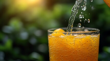 Orange Soda Pouring Into Glass Outdoors