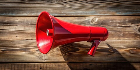 A vibrant red megaphone rests against a weathered wooden surface, casting a sharp shadow that mimics its shape. It's ready to amplify a message and spread it far and wide.