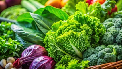 A Lush Collection of Vibrant Green Leafy Vegetables and Broccoli Heads, a Symphony of Textures and Hues