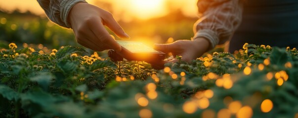 Hands examining plants at sunset.