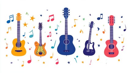 Naklejka premium Colorful Illustration of Various Musical Instruments with Vibrant Music Notes and Stars for Creative Projects and Entertainment Themes