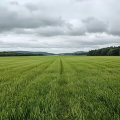 Fototapeta premium A vast green field under a cloudy sky, stretching towards distant hills, showcasing a serene landscape.