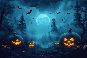 Fototapeta premium Halloween pumpkins in a dark forest with bats and spiders, high-resolution vector illustration for banner or poster, detailed digital art with sharp lines.