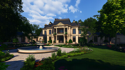 expansive, luxurious mansion with symmetrical architecture and large windows. The front yard features a fountain in the center surrounded by ornamental landscaping