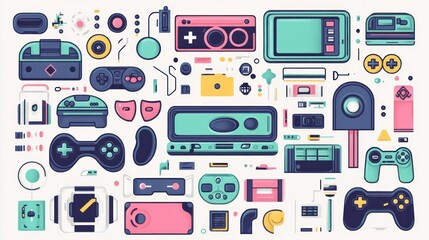 Retro gaming console parts collage, digital illustration, white background, website design