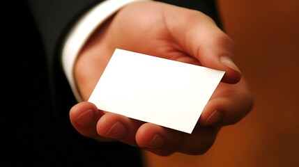 Obraz premium A professional in formal attire with a white dress shirt cuff holding a blank white identification card in their right hand.