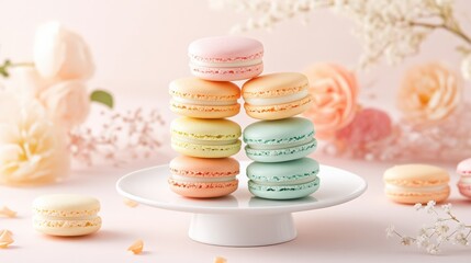 Delightful Pastel Macarons Arranged on a Cake Stand, Perfect for Celebrations and Gifting
