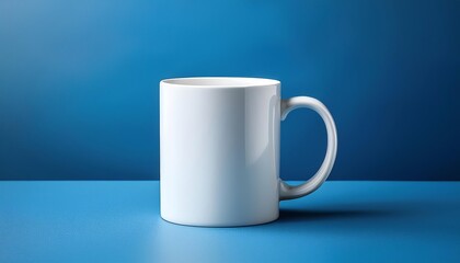 Fototapeta premium A simple white mug sits on a blue surface, showcasing its clean design and inviting warmth.