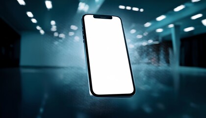 A sleek smartphone floats in a futuristic, illuminated space, showcasing a blank screen, symbolizing innovation and technology.