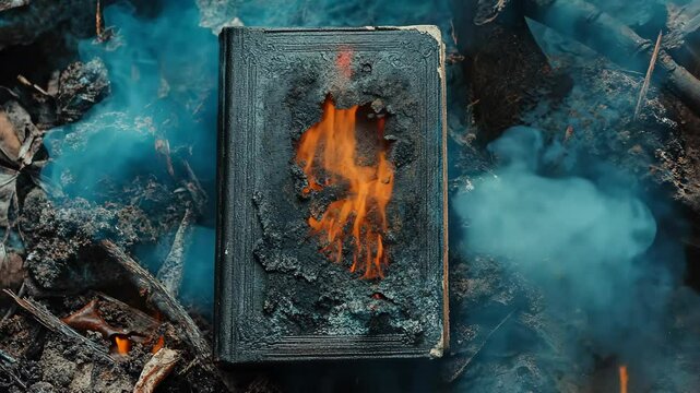 Burned book lying amidst ashes and smoke in a forest setting during daylight