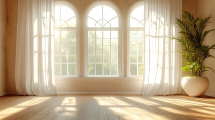 A sunlit corner room with tall arched windows, soft beige walls, and minimalist decor, sunlight streaming through sheer white curtains creating intricate shadows on the polished wooden floor,