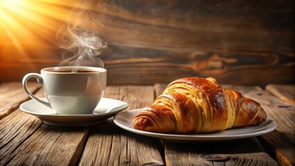 Warm Morning Delight Steaming Cup of Coffee and a Freshly Baked Croissant on a Rustic Wooden Table