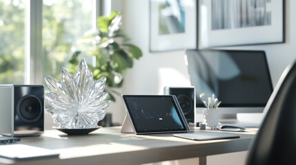 Fototapeta premium Modern office desk, tablet displaying graph, crystal d?cor, sunlight