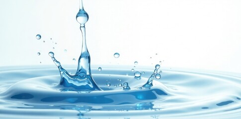 Blue toned water droplets falling from above onto a white background, calm scene, white surface, splashing liquid