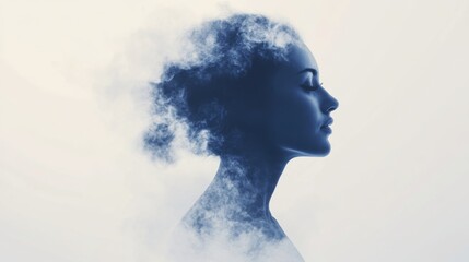 Ethereal Profile Silhouette of a Woman Blending with Dreamy Blue Smoke, Artistic Representation of Calmness and Imagination in a Minimalistic Design