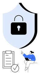 Black lock on blue shield, checklist with checkmark, and person pointing while using a laptop. Ideal for security, privacy, compliance, organization, protection, technology abstract line flat