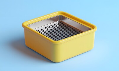 Yellow square container with a metallic mesh sieve inside.