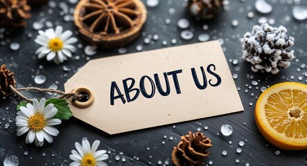 about us handwritten on paper tag at table background