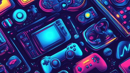 Retro gaming controllers collage, vibrant neon, digital art, background