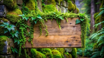 Rustic Wooden Sign Adorned With Lush Greenery On A Moss-Covered Stone Wall