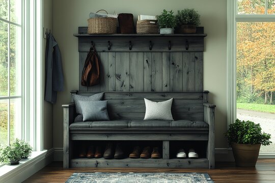 Kumin Hall Tree with Shoe Storage and Bench in Gray Driftwood Finish, Space-Saving Entryway Solution with Coat Rack on Top