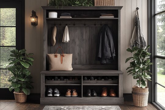 Kumin Hall Tree with Shoe Storage and Bench in Gray Driftwood Finish, Space-Saving Entryway Solution with Coat Rack on Top