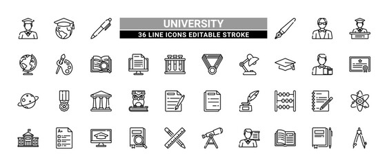 36 University Line Icons Set Pack Editable Stroke Vector Illustration.