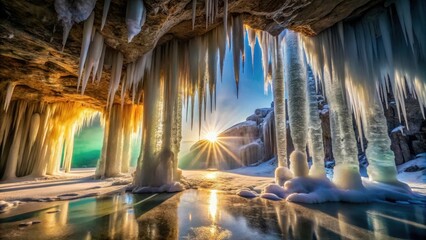 A frozen cave's entrance framing a radiant sunrise, casting a magical glow upon the icy landscape and creating an ethereal spectacle of nature's artistry.