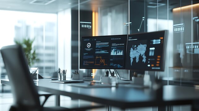 Minimalistic yet modern office scene where employees manage tasks on AI dashboards, subtle color overlays, positive team energy, and streamlined data-driven graphics 