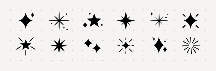A collection of 12 black star and sparkle icons in various styles. These star icons and sparkle designs add a decorative touch. Perfect for creative projects. Festive element set. Vectors.