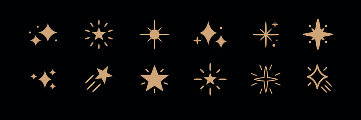 Set of 12 gold star icons on black. Stars vary in shape and size. Gold stars, shining stars, decorative stars, perfect for design. Elegant gold star collection. Festive element set. Vectors.