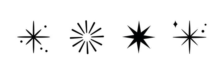 Set of four black starburst icons. Starburst designs with varying points. Simple starburst shapes, each unique. Starburst icons for decoration. Festive element set. Vectors.