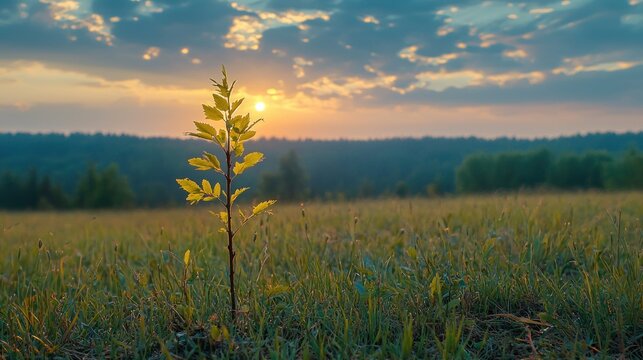 Small sapling in field with sunset.