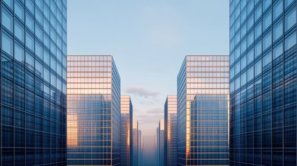 Obraz premium A cityscape featuring modern skyscrapers with reflective glass, creating a symmetrical perspective under a clear blue sky.