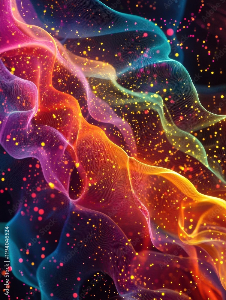 Poster vibrant energy lines and dots symbolizing dynamic communication and data exchange flows through a da