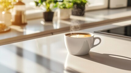 Obraz premium Cup of Coffee on Kitchen Counter with Steam Rising