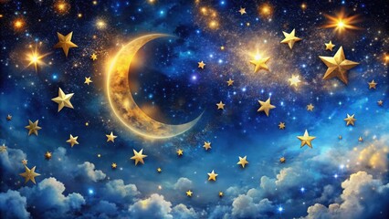Naklejka premium Celestial Tapestry of Golden Stars and a Crescent Moon Adorned with Clouds and a Distant Galaxy