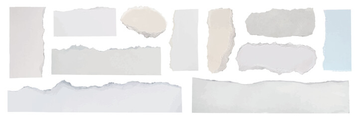 Collection of torn paper strips with rough edges. Various sizes and shapes of torn paper. Perfect for scrapbooking, collage, or design projects. Ripped paper element set. Vectors.