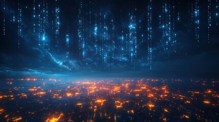 Fototapeta premium Futuristic Cityscape with Digital Sky Overhead A Vision of Tomorrow's Urban Life