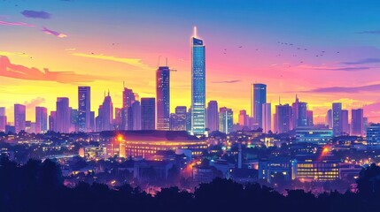 Fototapeta premium Cityscape sunset, vibrant towers, birds flying, stadium, illustration