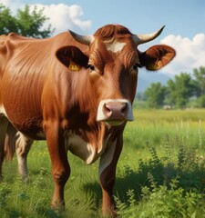 A brown cow grazes peacefully in a field with bushes, natural scenery, farm animal