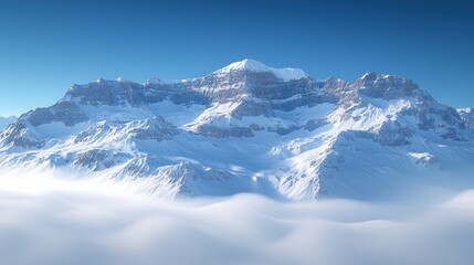 Snowy mountains peak above cloud level under clear blue sky.
