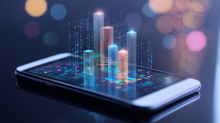 Fototapeta premium Mobile Data Analytics: Holographic bar chart rising from smartphone screen, symbolizing growth and digital transformation in business intelligence. 