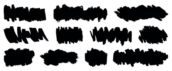 Set of black brush strokes. Abstract brush strokes in various shapes. Grunge brush strokes for artistic design. Bold black brush strokes for creative projects. Creative elements, vector set.