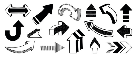 A collection of black and white arrows in various styles and directions. Arrows pointing up, down, left, and right. Bold arrows, sketch arrows, and 3D arrows. Hand drawn elements, vector set.