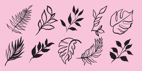 Set of floral line art with leaves and flowers. Includes various leaves and flowers in black line art. Perfect for floral designs and botanical art. Aesthetic hand drawn nature element vector set.