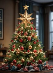 A Christmas tree decorated with ornaments, garlands, and a star on top, star, festive lights