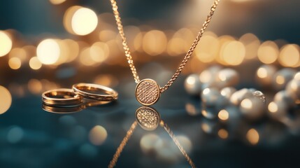 Fototapeta premium Gold necklace, rings, pearls, bokeh, jewelry, dark background, reflection, advertising